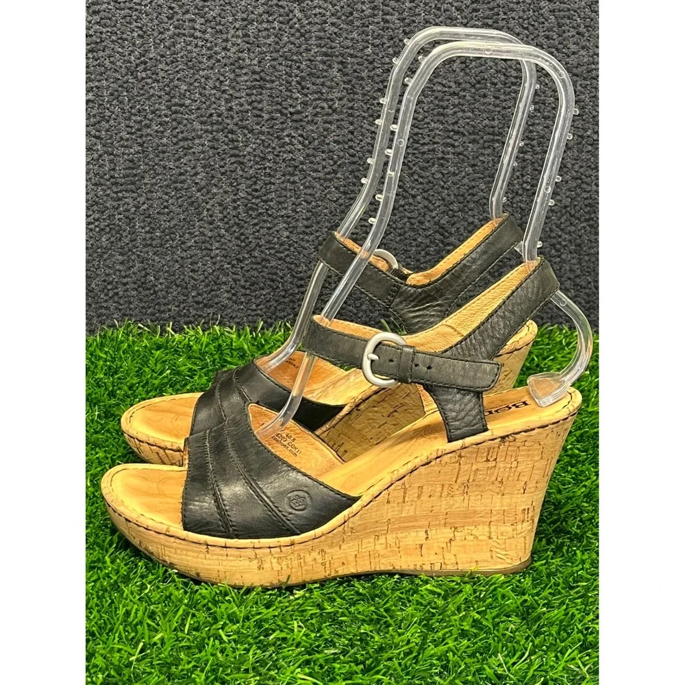 Born Womens Black Leather Cork Wedge Sandals Ankle Strap Platform Shoes Size 9
